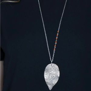 NEW Boutique Polished Silver Leaf & Brown Beaded Boho Pendant Necklace Jewelry